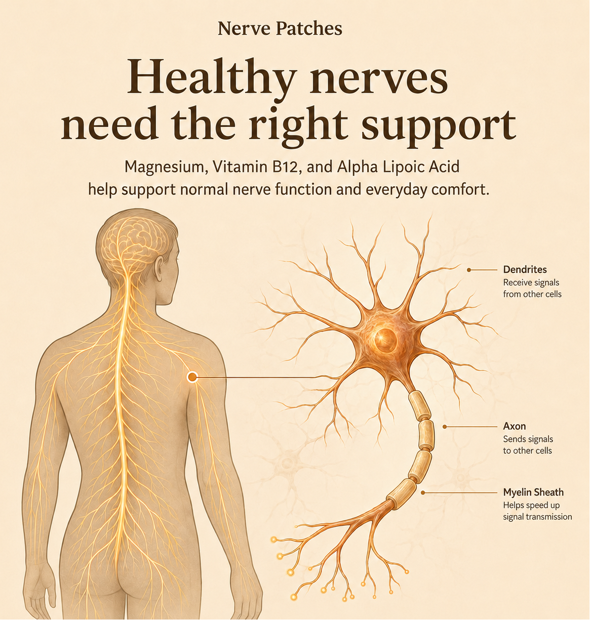 Educational infographic titled 'Healthy nerves need the right support' on a warm beige background, showing a human back with highlighted nerve pathways and a detailed neuron illustration with labeled parts: dendrites, axon, and myelin sheath. Text mentions magnesium, vitamin B12, and alpha lipoic acid for nerve support.