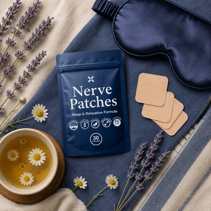 A flat-lay of Nerve Patches showing a dark blue pouch labeled 'Nerve Patches Sleep & Relaxation Formula' alongside three beige square patches, a navy blue sleep mask, and a cup of chamomile tea on a neutral fabric background.