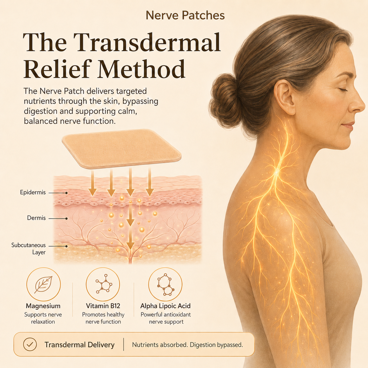 Promotional infographic for nerve patches explaining transdermal relief. The left side contains text and a skin-layer diagram showing nutrient delivery, while the right side shows a side profile of a woman's head and neck with glowing yellow nerve pathways running up her spine.