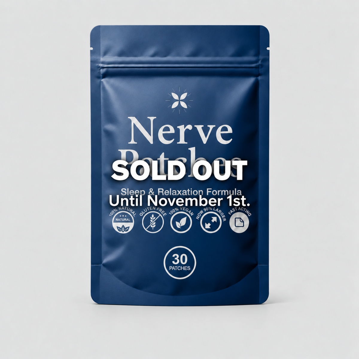 A dark blue stand-up pouch package for Nerve Patchout sleep and relaxation formula, featuring white text and icons on a light gray background.