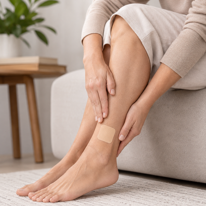 A person sitting on a light beige sofa applies or adjusts a small square beige patch on their lower leg in a bright, modern room.