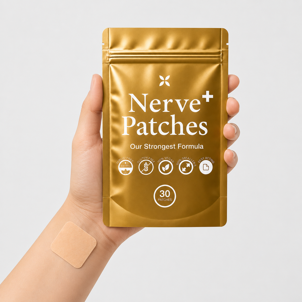 A hand holds a metallic gold stand-up pouch labeled 'Nerve Patches' against a light gray background. A beige square patch is visible on the wrist, and the pouch indicates '30 patches'.
