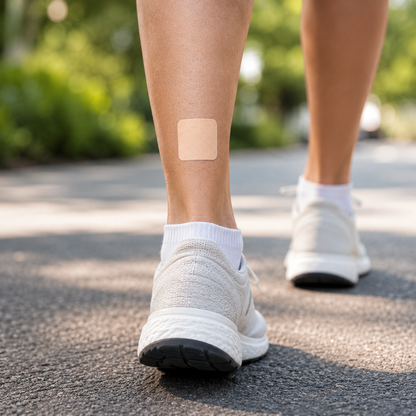 A close-up of a person's lower leg wearing a square beige skin patch on the shin, walking outdoors on a paved path with blurred greenery in the background.
