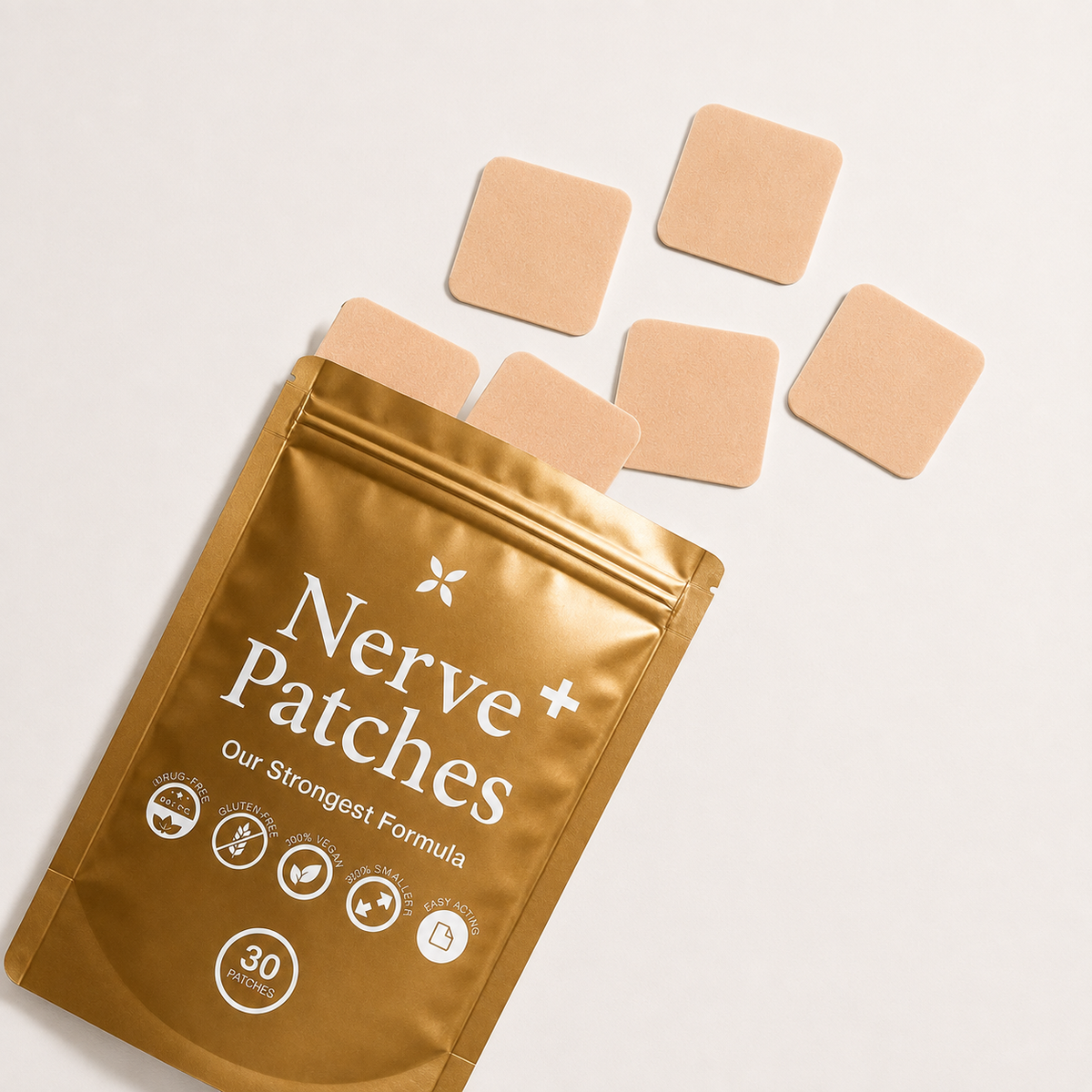 A metallic gold pouch labeled 'Nerve Patches' with several small square beige patches scattered above it on a clean white background.
