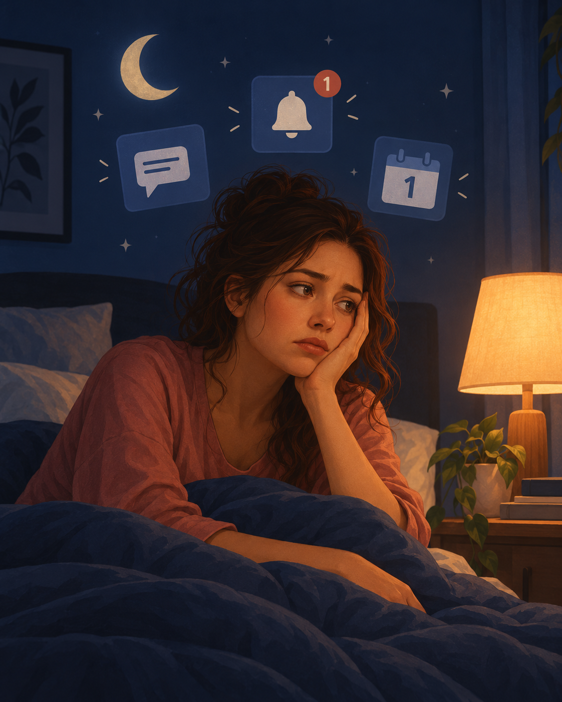 A woman in a pink shirt lies in bed under a blue blanket in a dimly lit bedroom, looking up with a sad expression. Floating app icons for messages, a bell, a calendar, and a moon appear above her against a dark blue wall, with a glowing bedside lamp on the right.