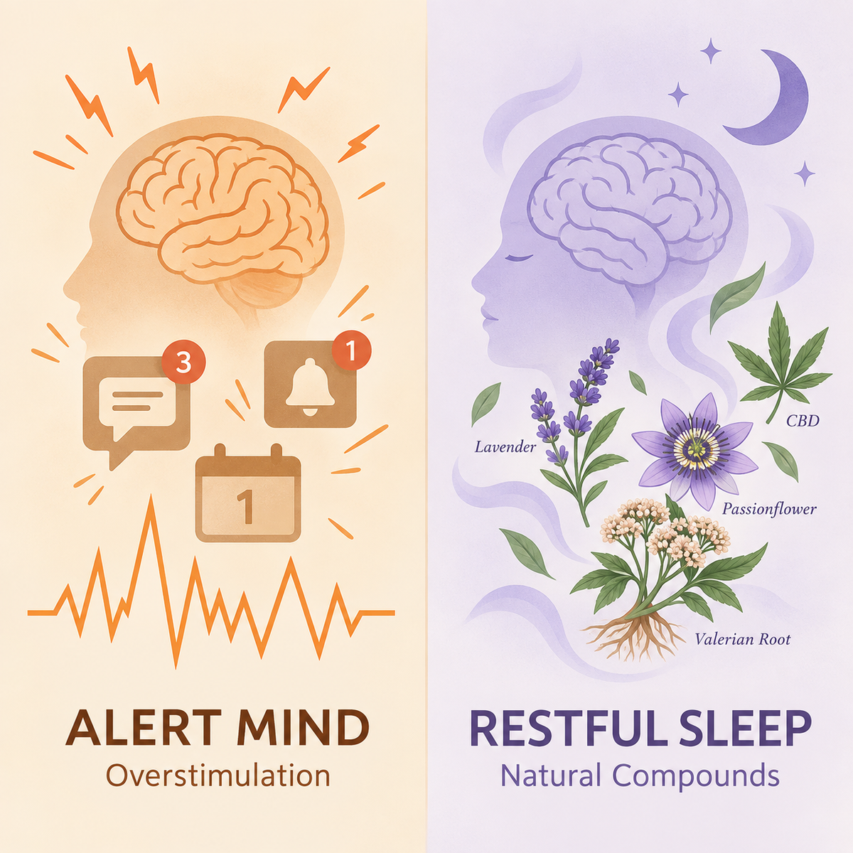 A split-panel infographic comparing 'Alert Mind' (left, warm beige) and 'Restful Sleep' (right, lavender-purple). The left panel shows a human head silhouette with a brain, alarm clock, calendar, and chat icons, labeled 'ALERT MIND Overstimulation'.