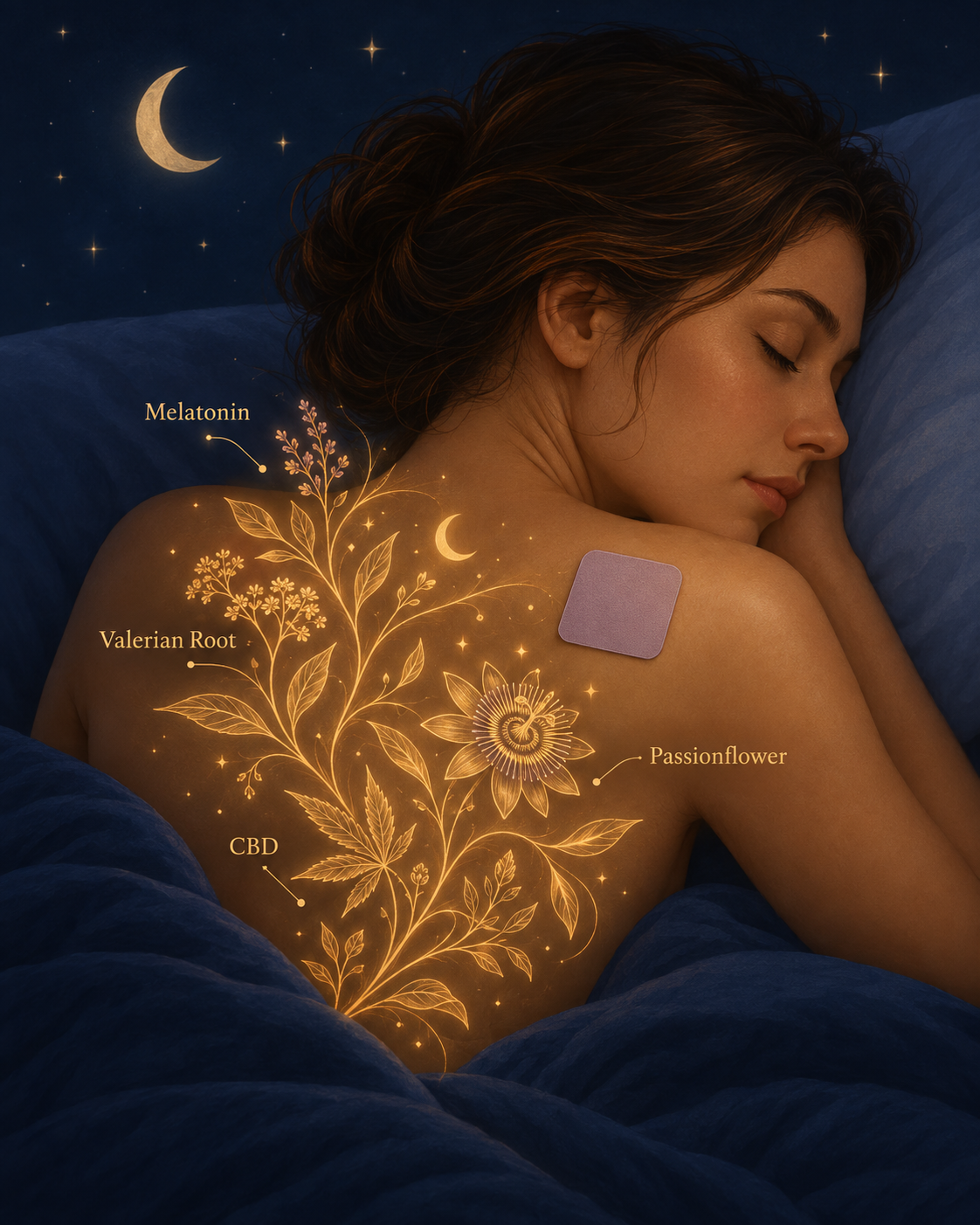 A woman sleeping in bed under a starry night sky, with glowing botanical illustrations and labels overlaid on her back: Melatonin, Valerian Root, CBD, and Passionflower, plus a small square patch on her shoulder.