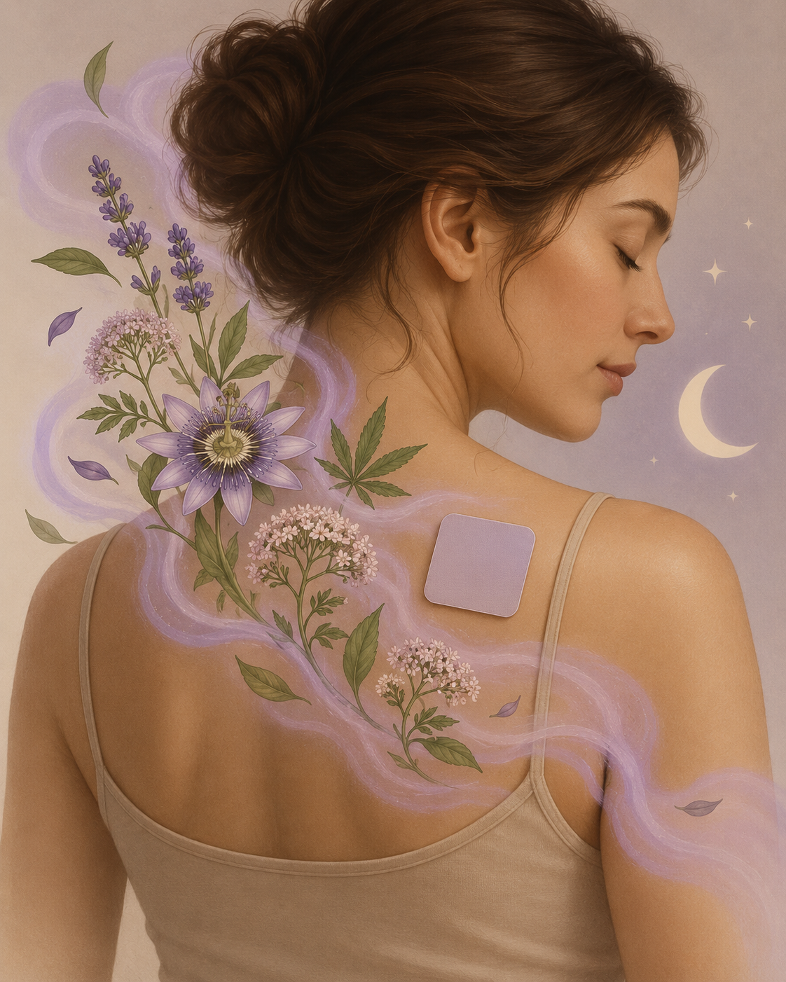 A woman in profile with her back turned, wearing a beige tank top and a small square patch on her upper back. Purple floral and misty botanical designs flow across her back and shoulders against a soft lavender background with a crescent moon and stars.