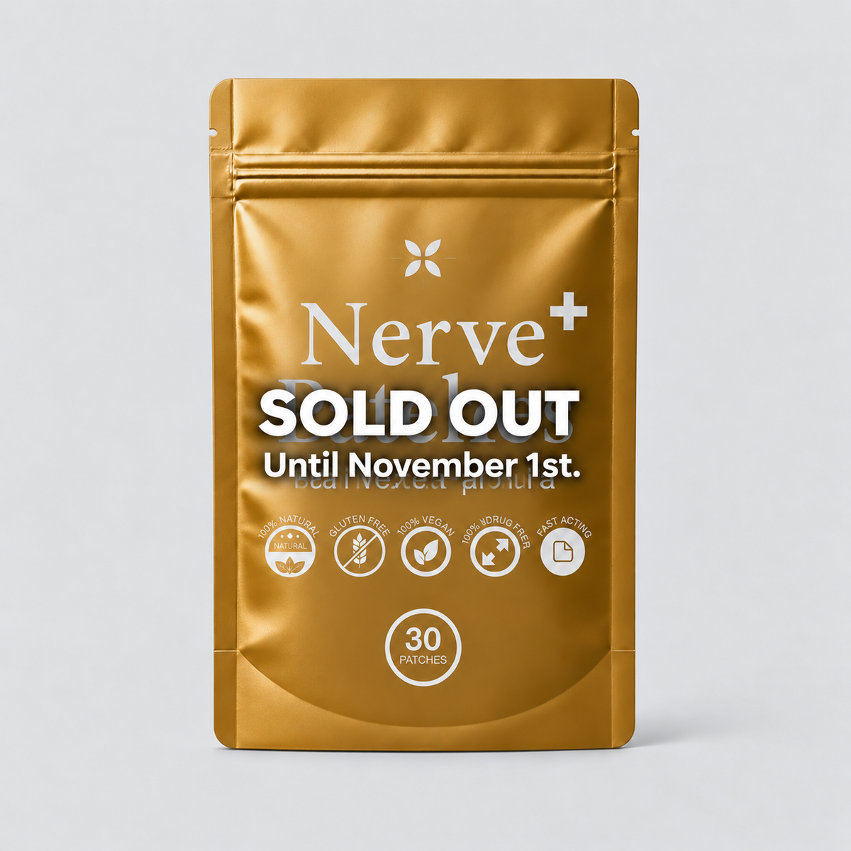 A metallic gold stand-up pouch package for Nerve+ by BrainHQ, featuring a 'SOLD OUT' promotional message and product icons on a light gray background.
