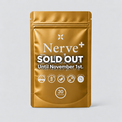A metallic gold stand-up pouch package for Nerve+ by BrainHQ, featuring a 'SOLD OUT' promotional message and product icons on a light gray background.