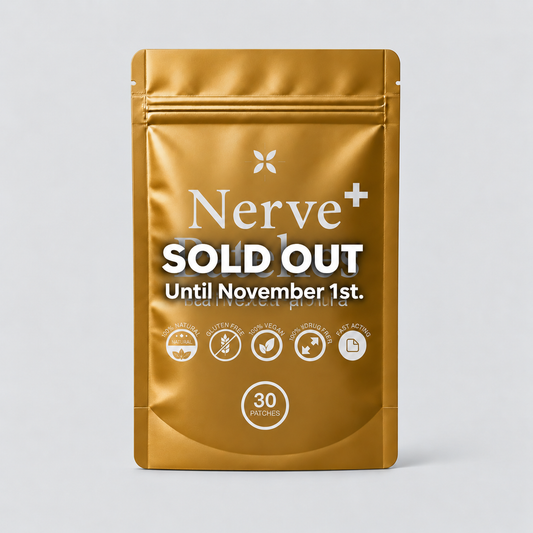 A metallic gold stand-up pouch package for Nerve+ by BrainHQ, featuring a 'SOLD OUT' promotional message and product icons on a light gray background.