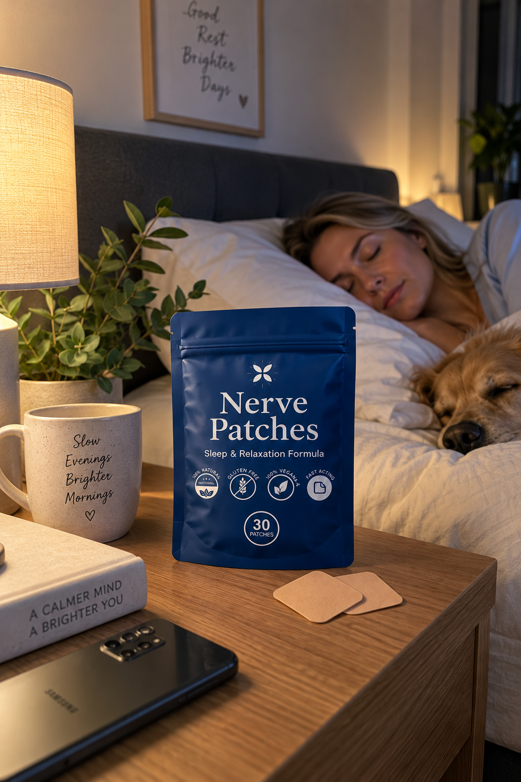A blue stand-up pouch labeled 'Nerve Patches Sleep & Relaxation Formula' sits on a wooden bedside table in a bedroom, with a woman sleeping in bed and a dog resting beside her in the background. Two beige square patches are placed on the table in front of the pouch.