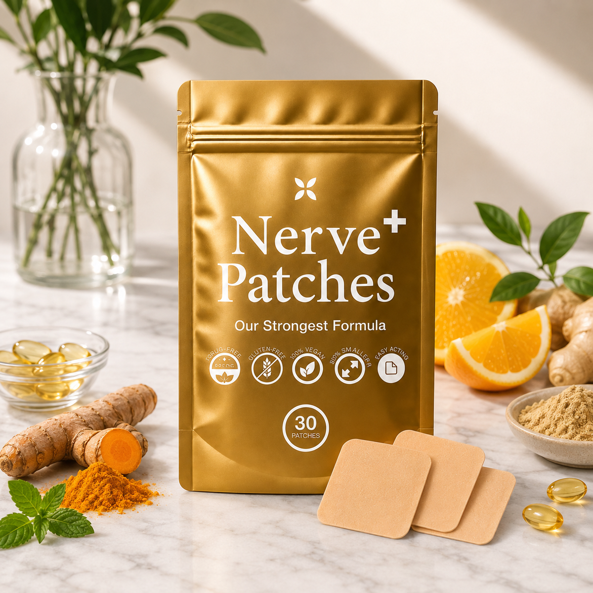 A gold stand-up pouch labeled 'Nerve Patches' stands on a marble surface with several small beige square patches in front, surrounded by turmeric root, turmeric powder, ginger, mint, orange slices, and soft-focus decorative elements.