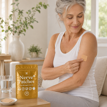 A woman in a white tank top applies a beige nerve patch to her upper arm in a bright, modern living room setting. A gold pouch labeled 'Nerve+ Patches' and a glass of water sit on the wooden table in the foreground.